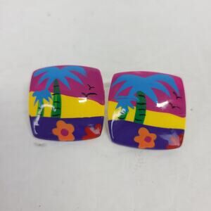 Vintage Tropical Island Sunset Square Resin Earrings Retro 80s Flower Palm Tree